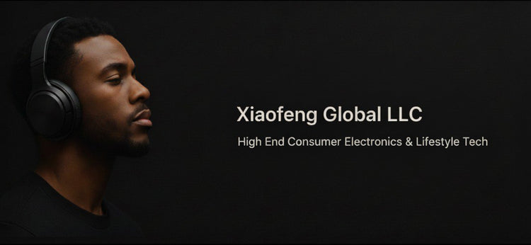 Person wearing headphones with 'Xiaofeng Global LLC' text on a dark background